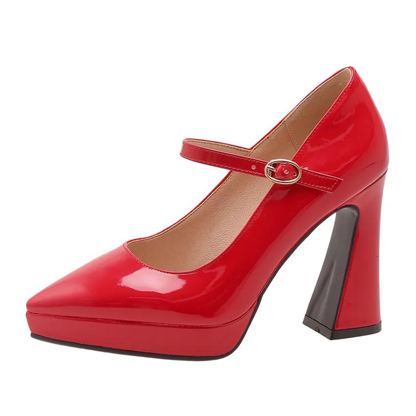 

Women Platform Mary Janes Pointed Toe High Chunky Heels Pumps Office Party Dress Wedding Red White Ladies Patent Leather Elegant 34 ярко-красный
