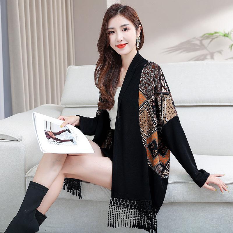 

Женский тренч средней длины, новый вязаный свитер-шаль, топ, модный плащ для мамы с бахромой, скрывающий недостатки фигуры 3XL (recommended 145-85 kg) темно-коричневого