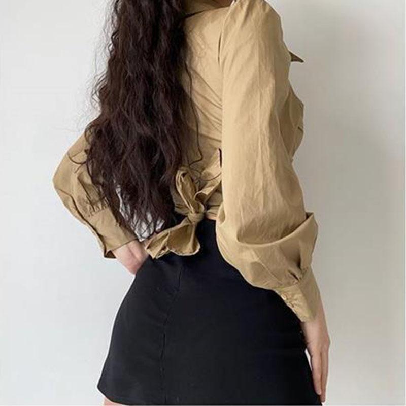 Wind Sexy Cross V-neck Tie Lantern Sleeve Shirt Women's High Waist Short Lapel Top