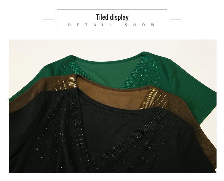 European Spring/Summer 2023 V-neck Mesh T-shirt with Rhinestone Cutout: Women's Fashionable Slimming Base Shirt