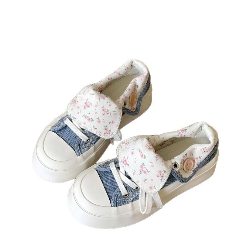 Floral denim blue platform canvas white shoes women's summer breathable thin student versatile tide shoes