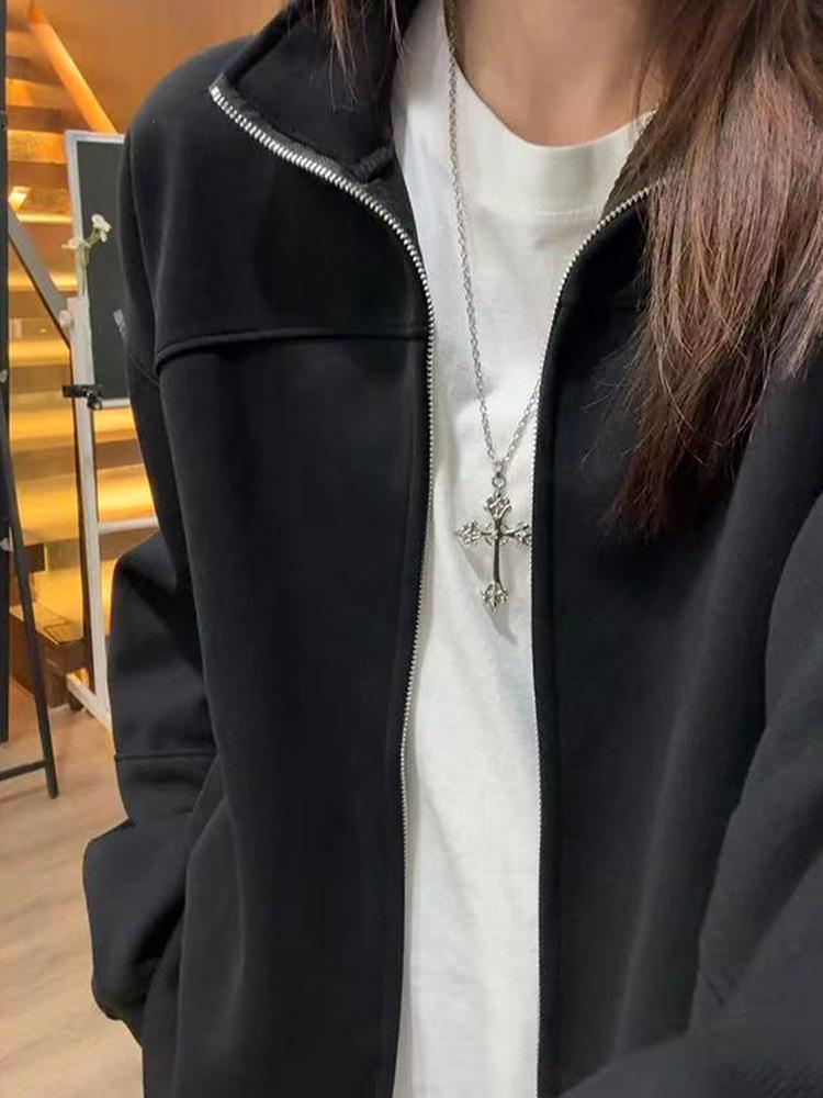 Herren Winter Hellgrau Schwerer Strick-Kapuzenpullover - Mit Samtfutter, Uni-Farbe, Amerikanischer Stil Stehkragenjacke