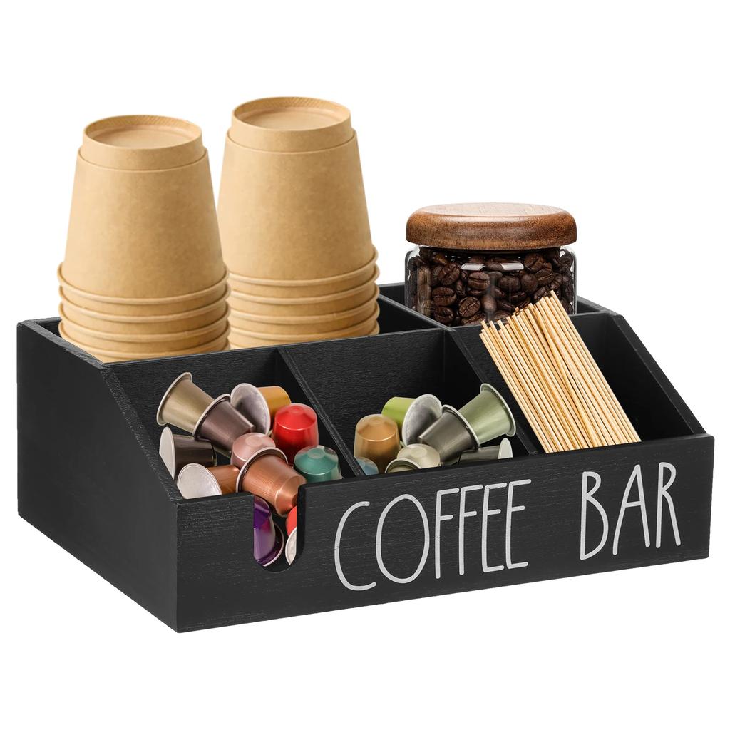 Wooden Coffee Storage Box Multi Compartment Wood Coffee Pod Tea Bag Holder with Slot Multi-Purpose Coffee Bar Storage Holder