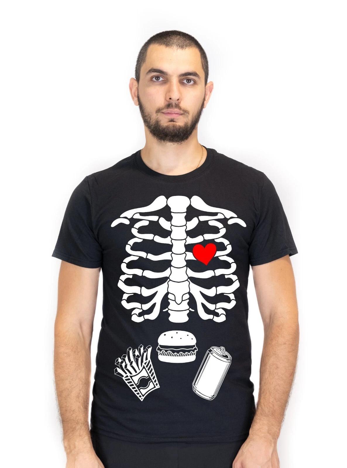Men s Halloween Skeleton T-shirt Ribcage Bones Funny Tee Burger soda Costume tee XS