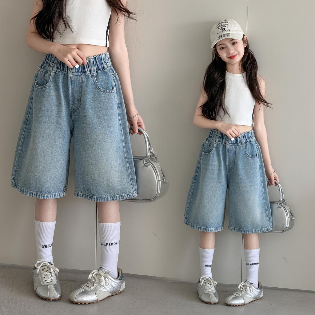 Teens Girls Denim Shorts Summer Thin Style Kids Trendy and Fashionable Curved Knife Pants Children Knee-length Mid-length Shorts