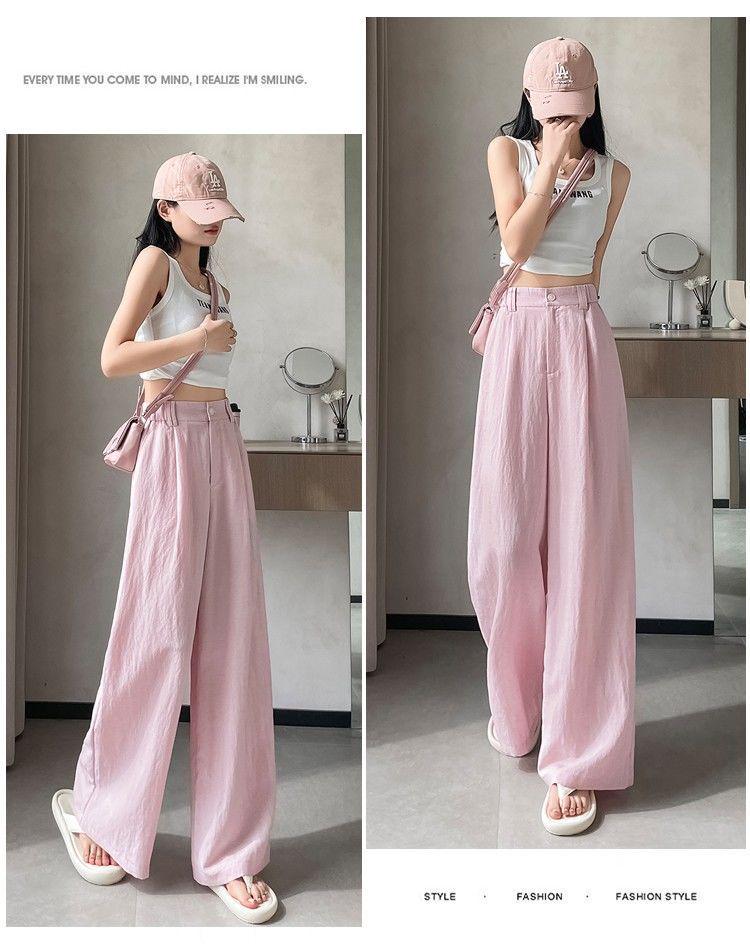 Women's Tencel Linen Wide-Leg Pants - Summer Ice Silk Cotton Blend, High Waist, Slimming, Floor Length, Loose Fit.
