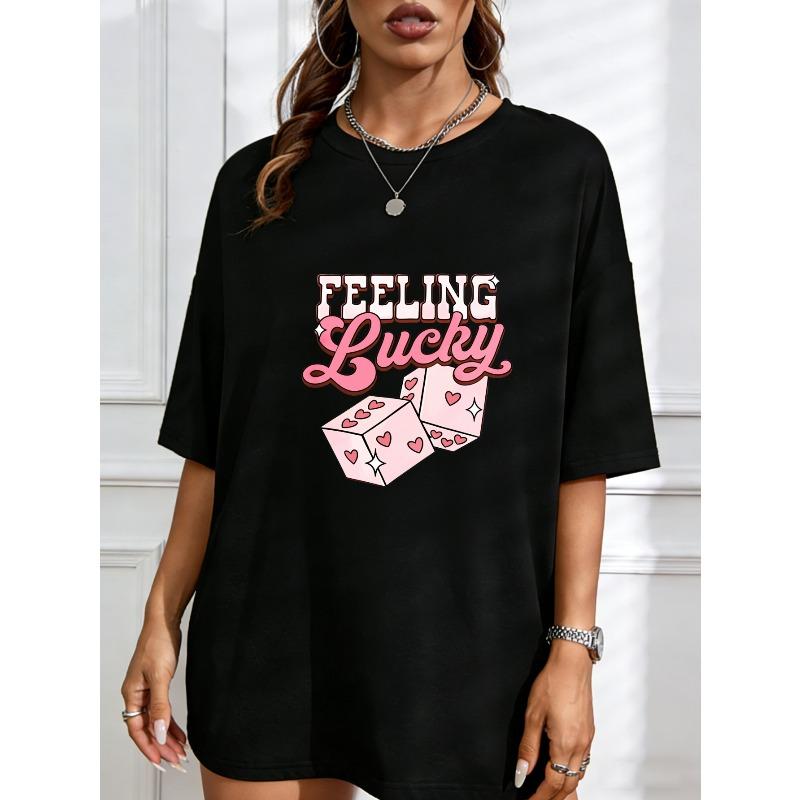 

Feeling Lucky T Shirt White Pink Dice Hearts And Stars Graphic Print Casual Summer Top For Women S чорний