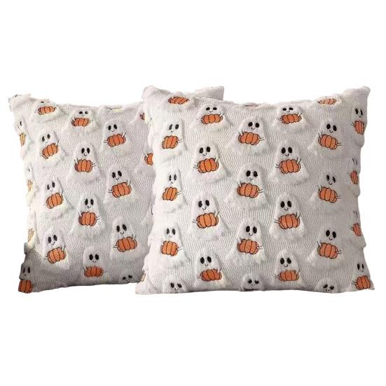 Halloween Decorative Pillow Cover Soft Plush Throw Cushion Case with 3D Embroidered Ghost Pumpkin Design for Couch Sofa Bedroom