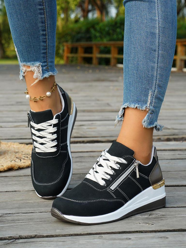 European & American Wedge Heel Fashion Sneakers: Versatile, Plus-Size, Color Block, Thick Sole Casual Shoes for Women
