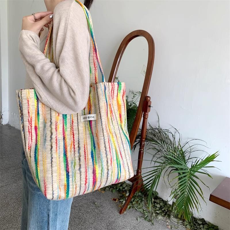 Little White Rabbit, Korean Rainbow Stripe Canvas Bag Heavy Industry Three-dimensional Embroidery Underarm Bag Large Capacity Handbag