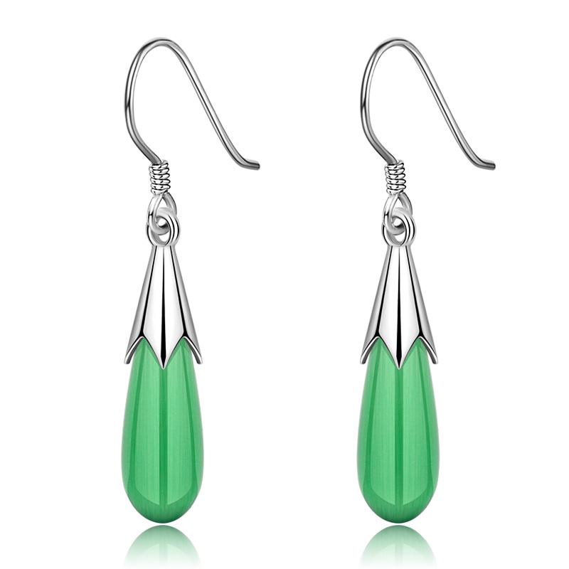 Qiaolanxuan Korean Style Sterling Silver Cat's Eye Teardrop Earrings with Natural Crystal
