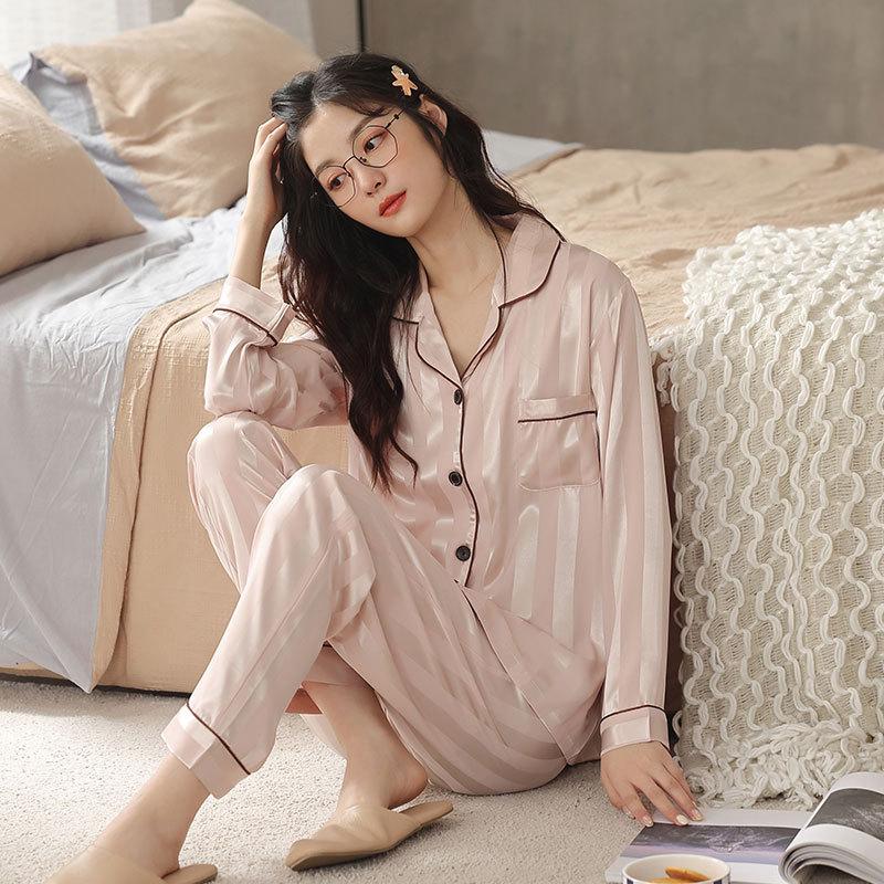 Striped Couple Pajamas Women'S Spring And Autumn Ice Silk Long-Sleeved High-End Silk Men'S Loungewear Suit