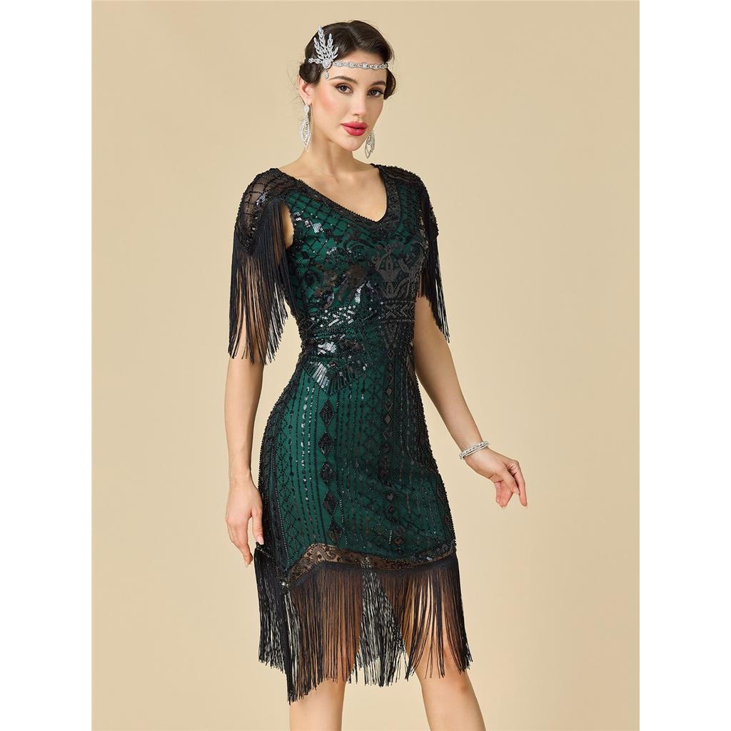 Women's Plus Size 1920s Gatsby Flapper Dress, Sequin Beaded Short Sleeve Fringe Evening Gown For Party & Pr