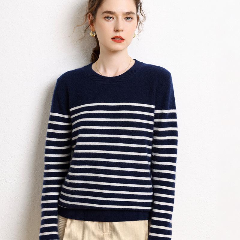 Women's Loose Fit Striped Cashmere Knit Pullover Sweater, Round Neck, Long Sleeve, Korean Style Base Layer