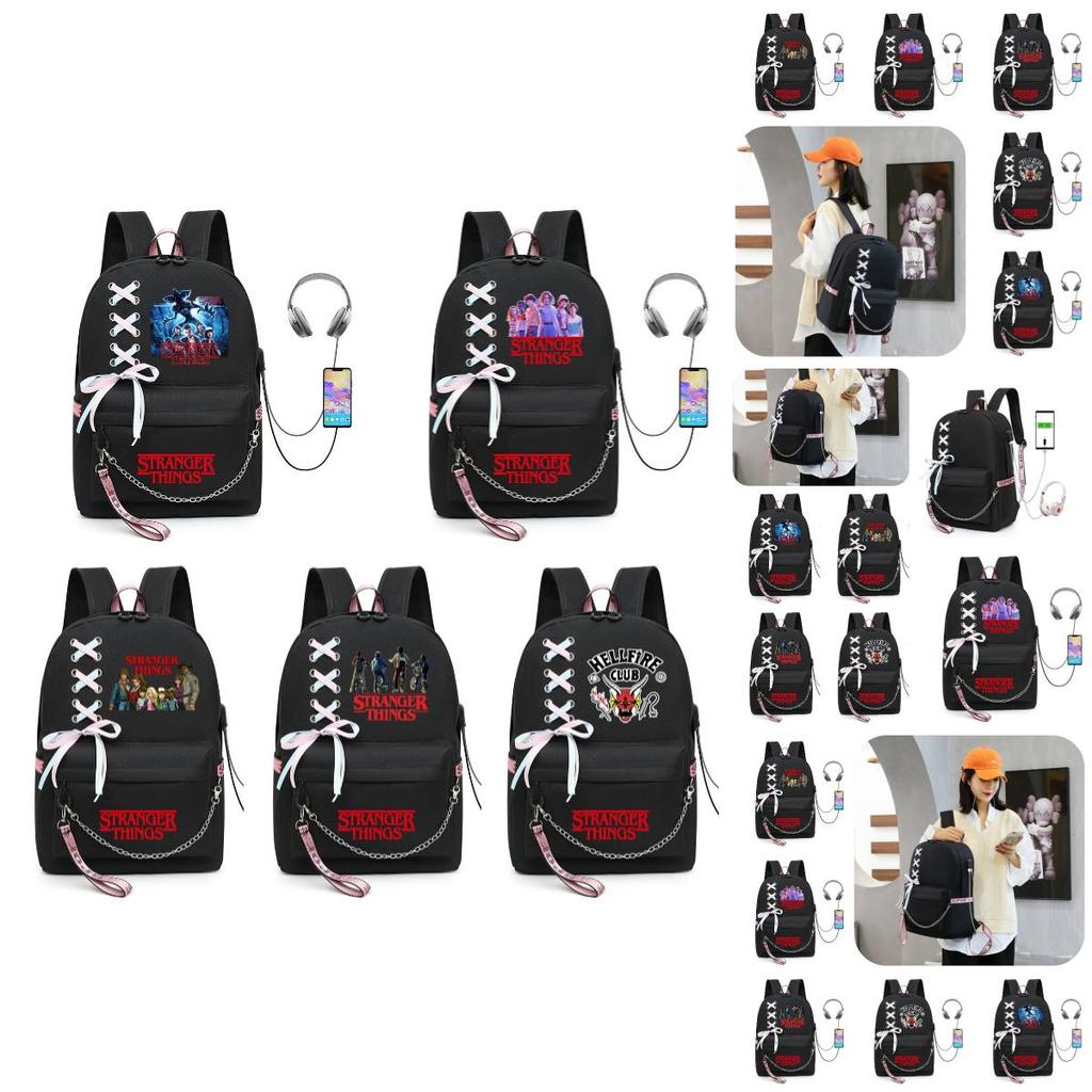 Stilvoller Stranger Things Rucksack mit USB-Ladeanschluss 20-35l Fassungsvermögen Oxford-Stoffmaterial