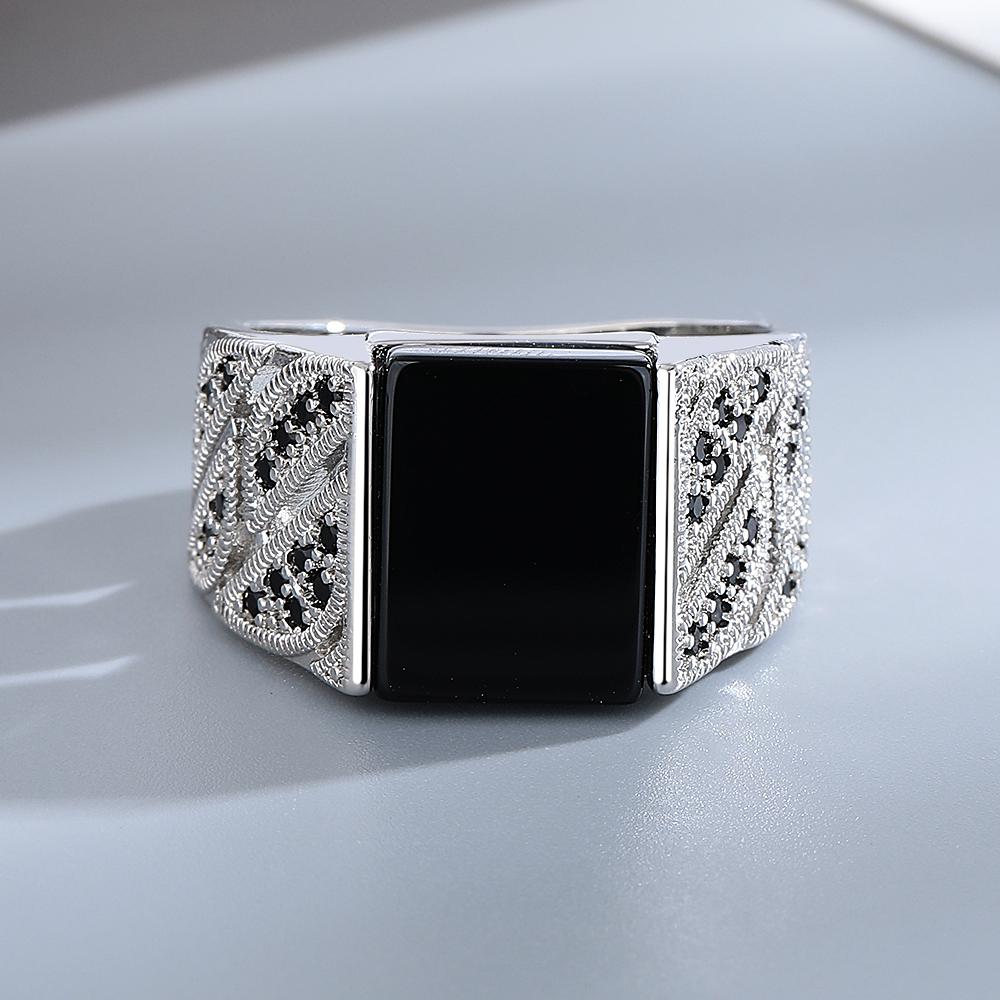 Luxury Black Agate Ring for Men Women CopperPlated Engraved Wide Band Fashion Party Jewelry Gift,Retro Engraved Pattern Band