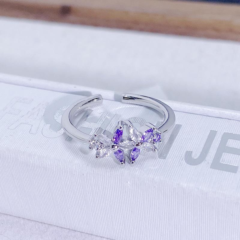 Purple Romantic Super Fairy Zircon Light Luxury Butterfly Fishtail Open Ring Niche Design High-End Exquisite Ring Woman