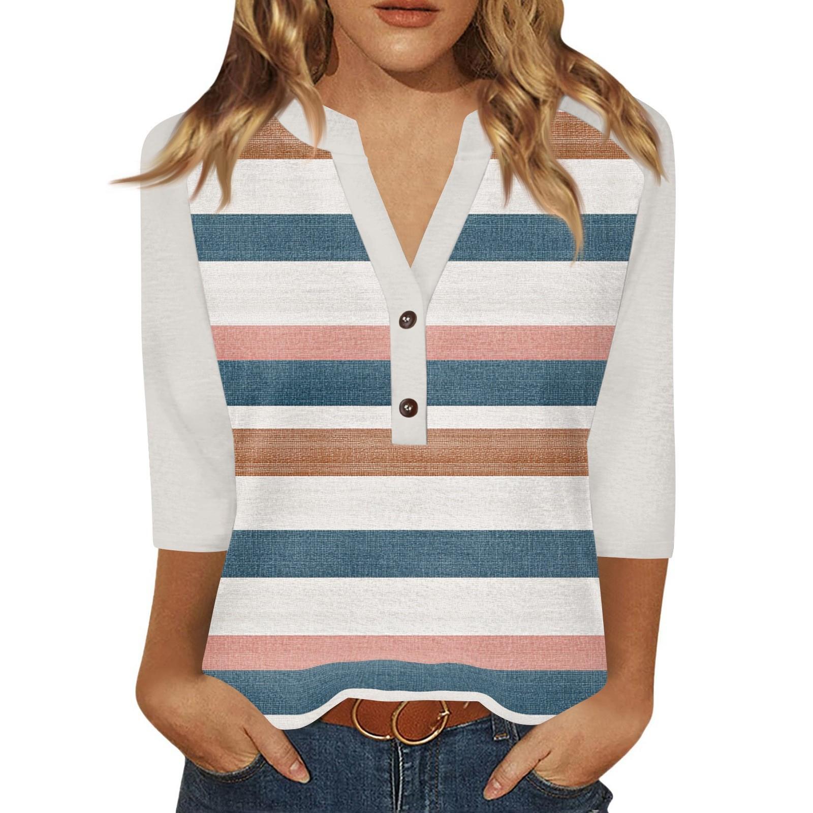 

Жен. Футболка С принтом Пуговицы Рукав 3/4 Повседневные Выходные Мода Классический Классический V-образный вырез Обычный Верх M синий