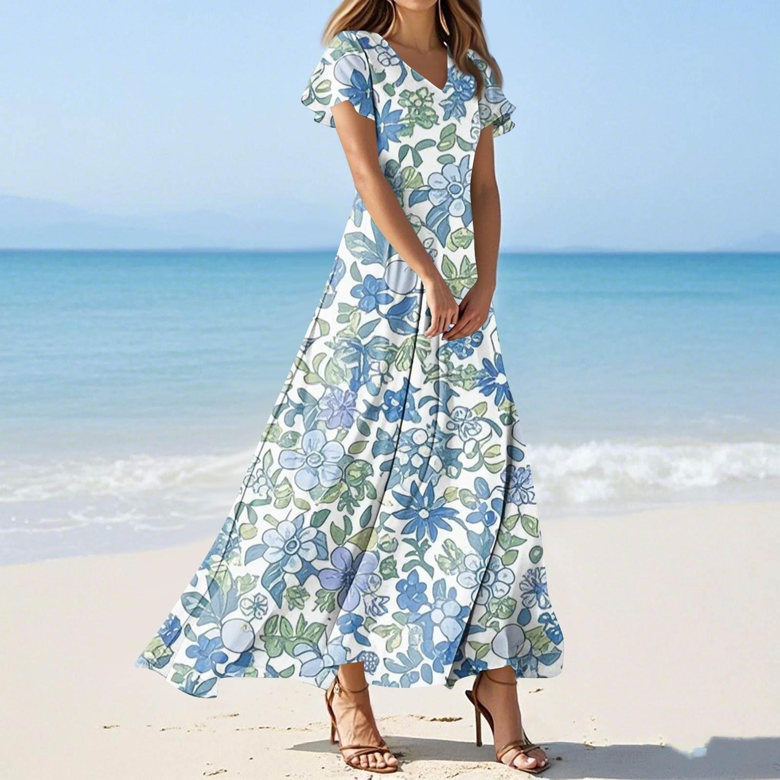 

Women s Summer Dresses Casual Sundress Loose V Neck Flowy Ruffle Short Sleeve Dresses L синій