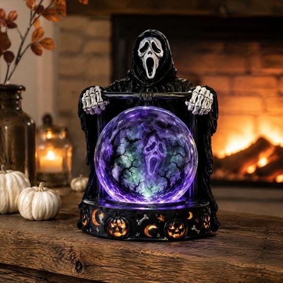 Unique Halloween Gift for Friends LED Lighted Faux Crystal Ball Decoration, Resin Witch/Skeleton/Cat/Ghost Figurine with Led Light
