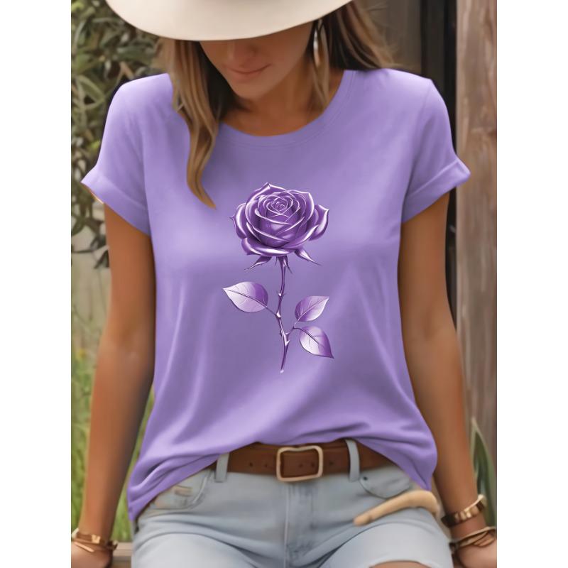 

Golden rose pattern T-shirt, short-sleeved casual crew neck top, spring and summer women s clothing XL