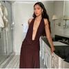 Sexy Halter Brown Long Dress Women Slim Backless Pleat Knot High Slit Draped Dresses Female 2025 Summer Lady Beach Party Dress