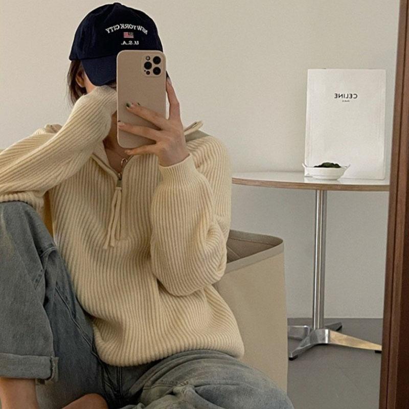 Autumn and Winter Women's Pit Stripes Half-zipper Sweater Design Sense of Stand-up Collar Soft Loose Lazy Wind Outside The Wear Sweater Tops