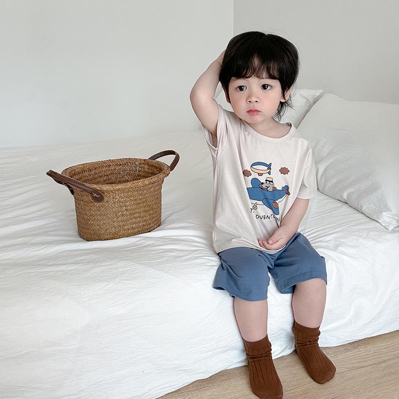 Girls' Summer Cotton Pajama Set - Breathable Cartoon Shorts and Round Neck Top