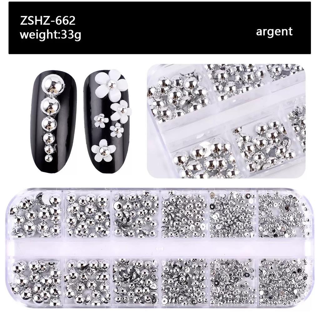 12-Grid Box Of Gold And Silver Abs Semi-Round Pearl Manicure Jewelry Diy Mixed Pearl Jewelry