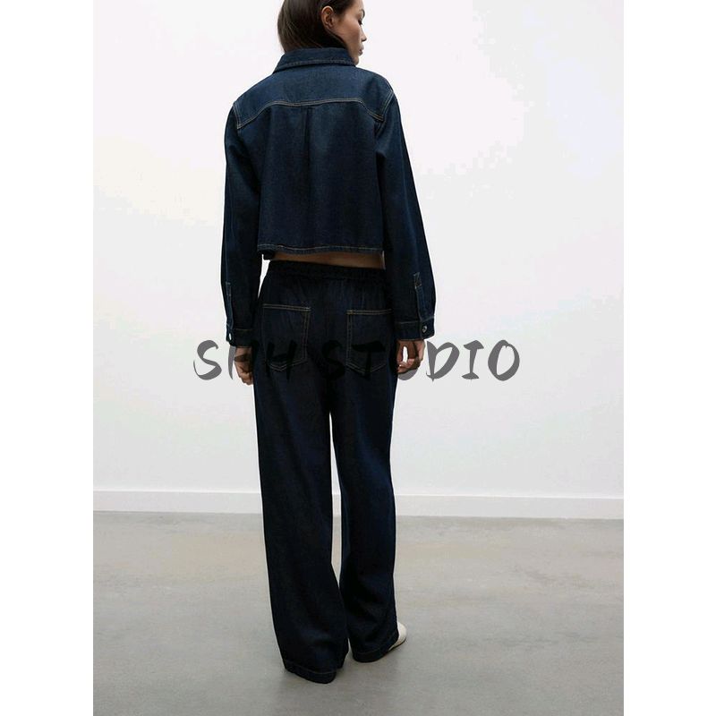 High Waist Wide Leg Jogging Plaid Jeans 1934027 Denim Cotton Long Sleeves Short Shirt 1934029