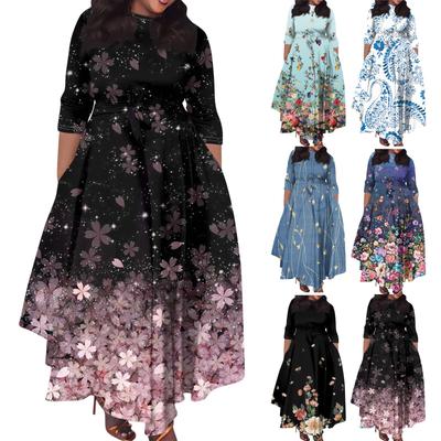 Robe trapèze décontractée à la mode pour femmes, grande taille, imprimé dégradé, col rond, manches trois-quarts, bretelles avec poches
