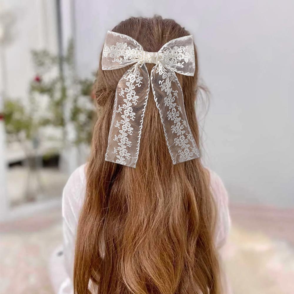 RAINBOW BOWS 1Pcs 8inch White Long Tassle Bowknot Hair Ponytail Clips Hollow Lace Elegant Women Hairgripes Girls Lovely Headwear