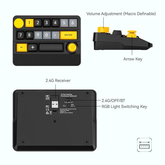 3 Modes Mini Wireless Keyboard with RGB Backlit Macro Programmable 15 Key Hot-swap DIY One Handed Gaming Mechanical Keypad PC Accessories