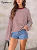 Herbst Faul Entspannte Passform Lässig Vintage Farbblock Gestreift Langarm T-Shirt Top