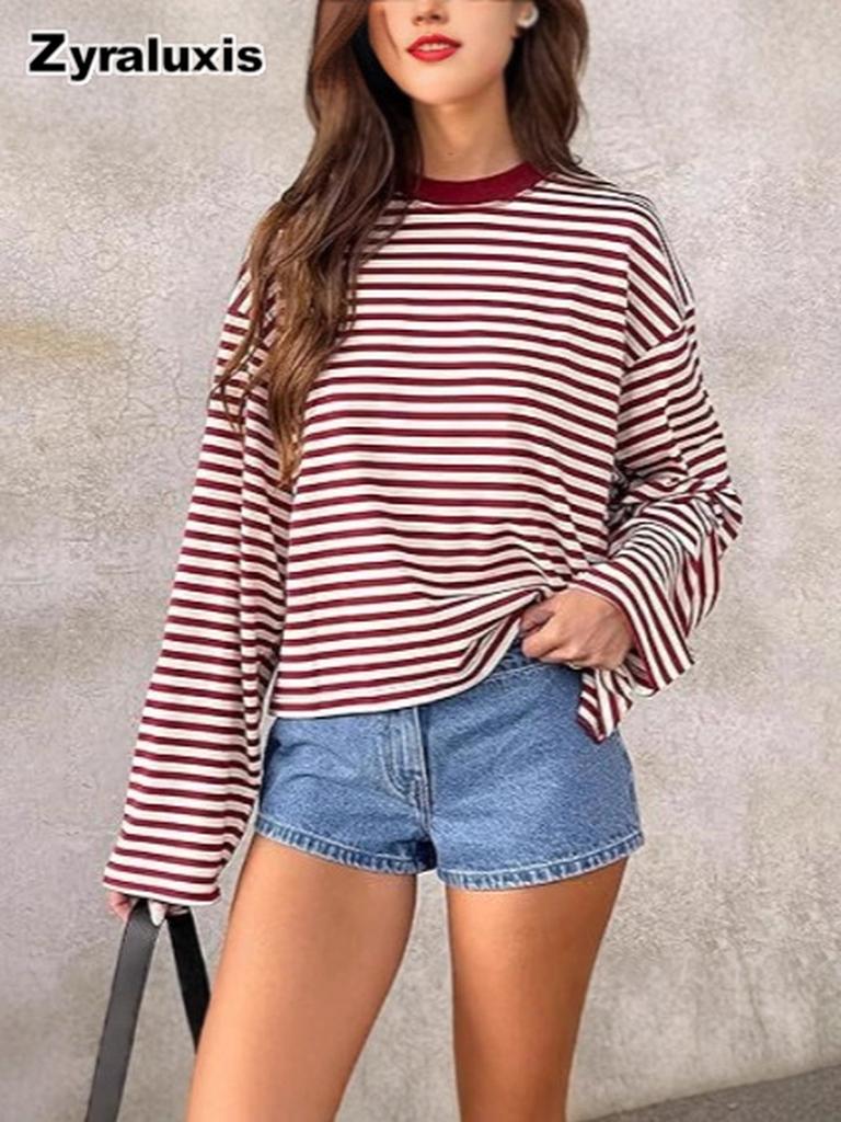 Herbst Faul Entspannte Passform Lässig Vintage Farbblock Gestreift Langarm T-Shirt Top