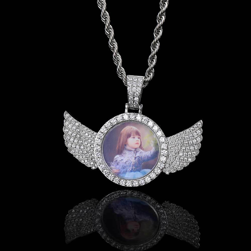 European-American Hip Hop Angel Wings Zircon Photo Frame Pendant Necklace