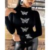 Womens Blouse Femme Butterfly Pattern Studded Long Sleeve Tops Plus Size