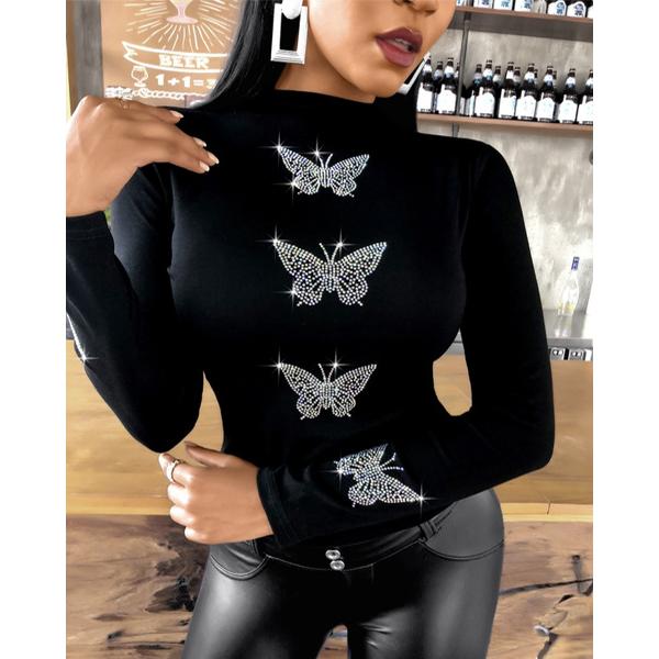 Womens Blouse Femme Butterfly Pattern Studded Long Sleeve Tops Plus Size