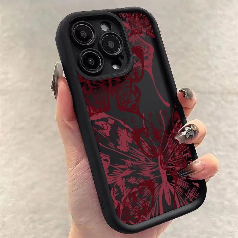 Trendy Butterfly Pattern Wine Red Shockproof Phone Case For iPhone 16 13 15 14 12 11 Pro Max X XR XS 7 8 15 Plus SE2 TPU Cover