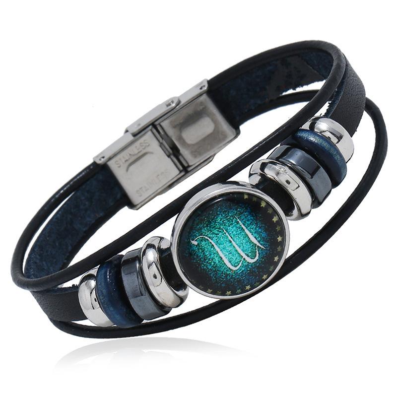 Multi Layer Constellation Leather Bracelet 12 Zodiac Sign Adjustable Fashion Jewelry for Unisex Gift Occasion