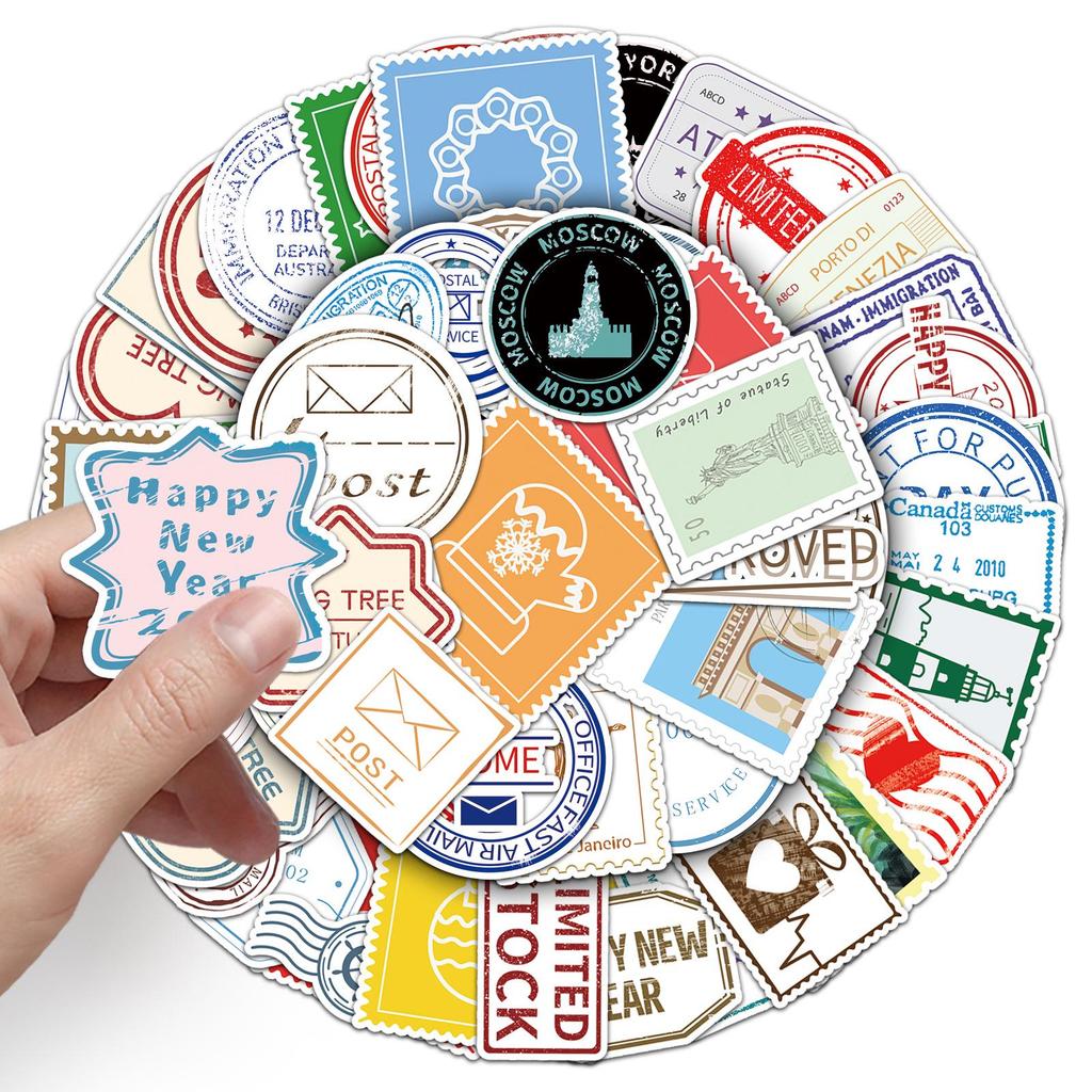 57 Retro Cartoon Postmark Stickers for Suitcase, Bicycle, Car, or Laptop – Waterproof Adhesive