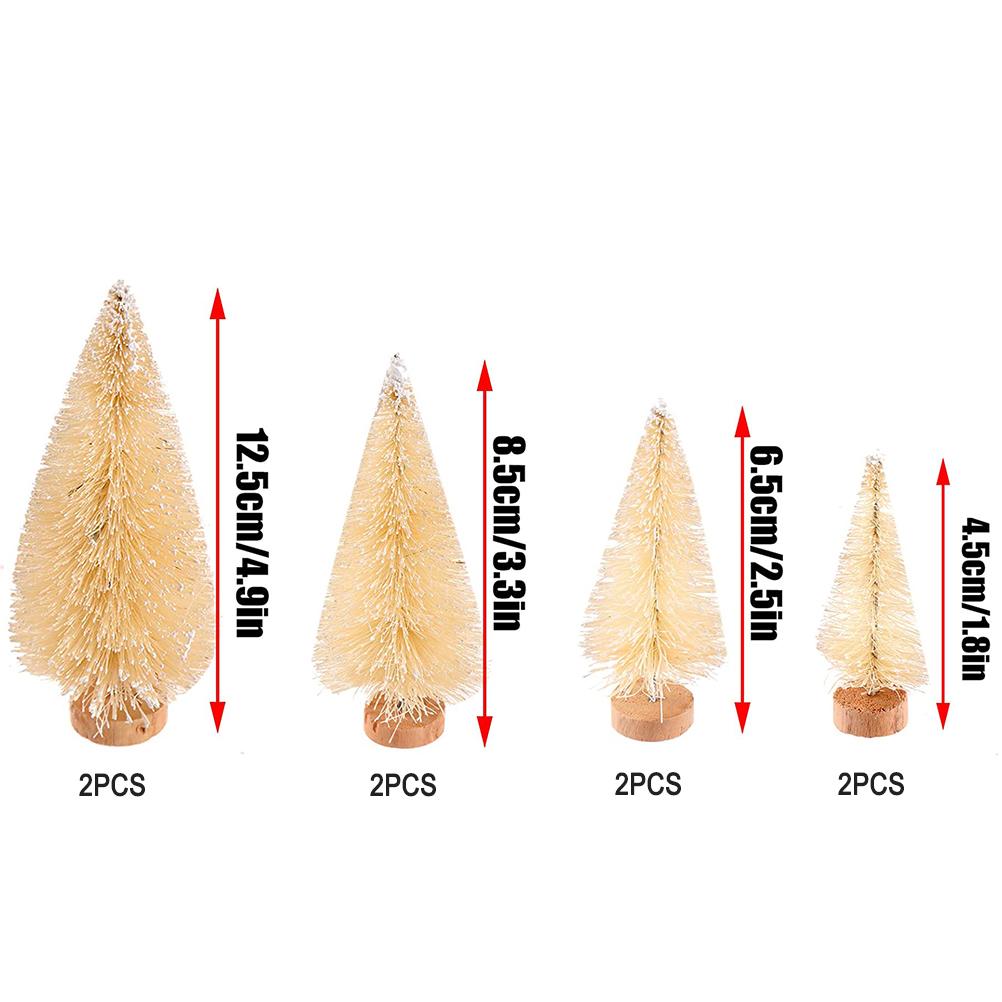 8PCS Mini Christmas Pine Tree Decorations with Wooden Base Sisal Silk Bottle Brush Trees For Xmas Party Happy New