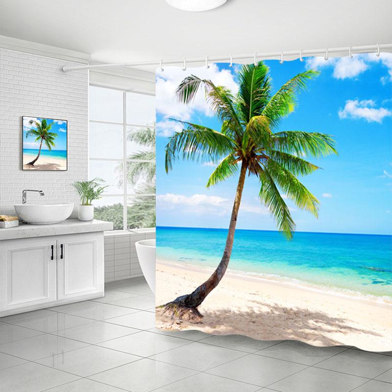 Shower Curtain Bathroom Fabric Non-Punching Beach Natural Scenery Digital Printing Shower Curtain With 12 Hooks