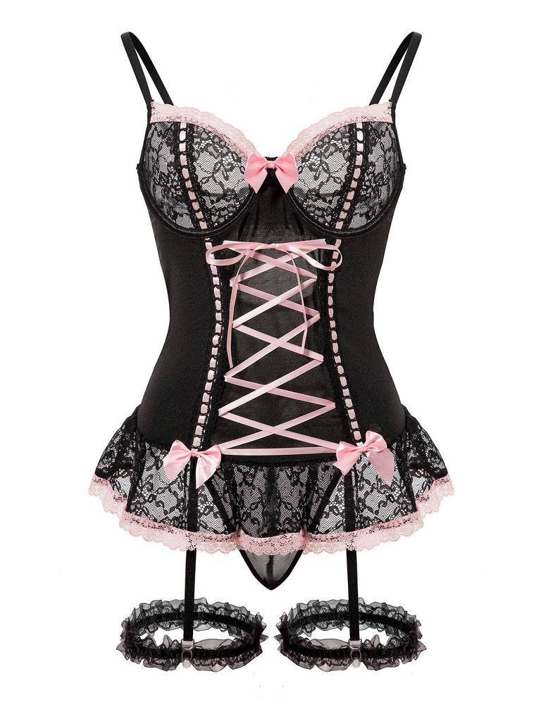 Foshan Lace Bow See-through Lingerie & Garter Skirt Set