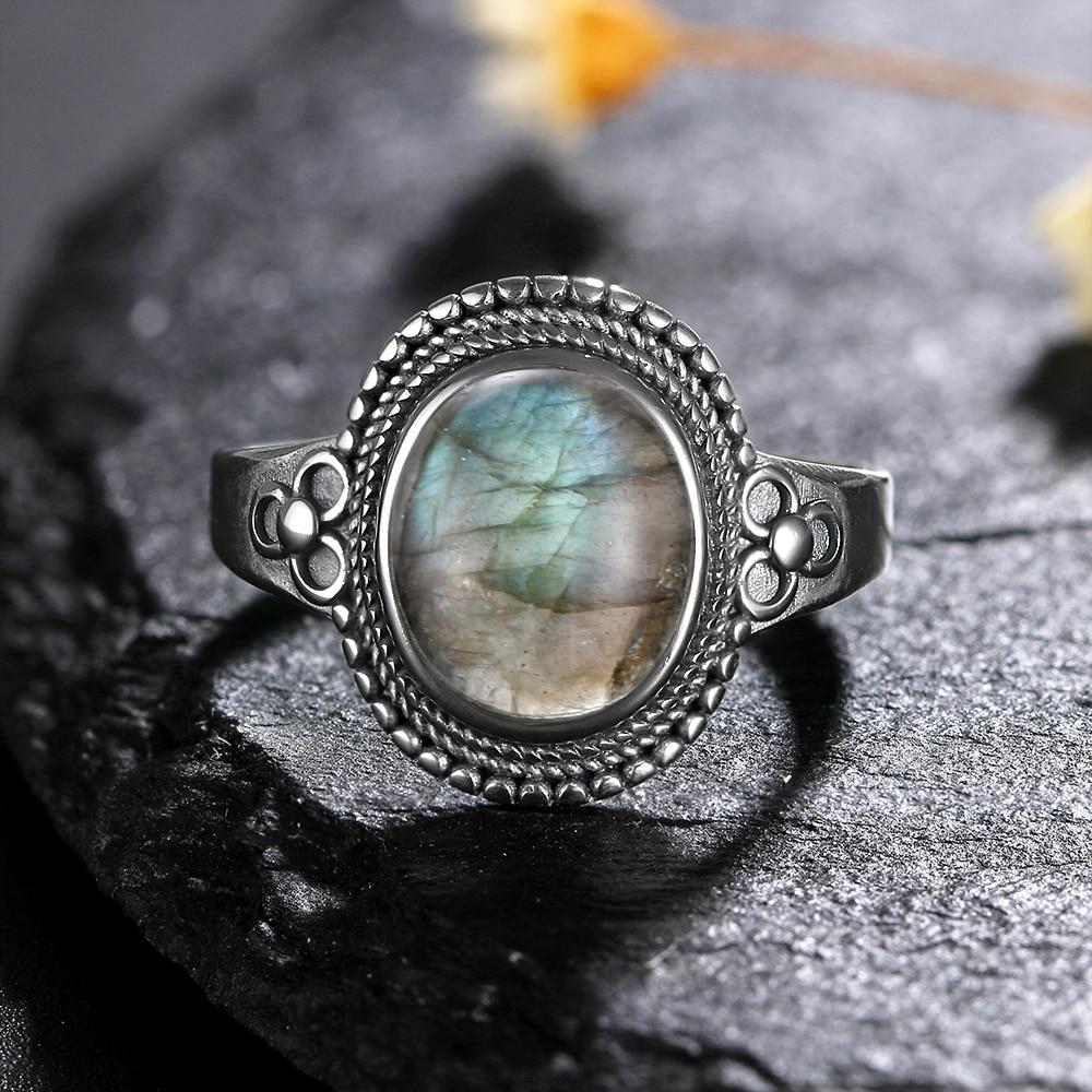Ring for Women Oval Round Natural Labradorite Ring Gift Sun Shaped Retro Luxury Fashion Jewelry
