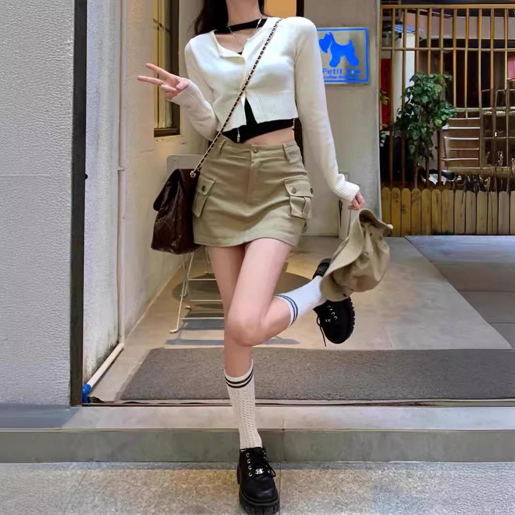 Khaki A-line Workwear Mini Denim Skirt - Spicy Girl Women's Sexy Summer Bodycon Skirt with Pockets