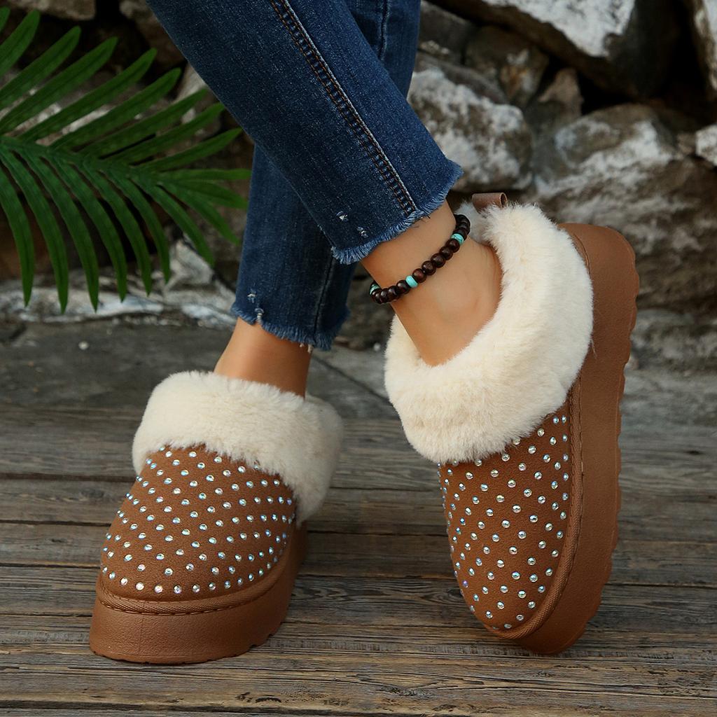Women's Faux Diamonds Decorative Soft Sole Winter Warm Fur One Snow Boots Padded Lined Ankle Boots Non Slip Hiking Casual Sneakers