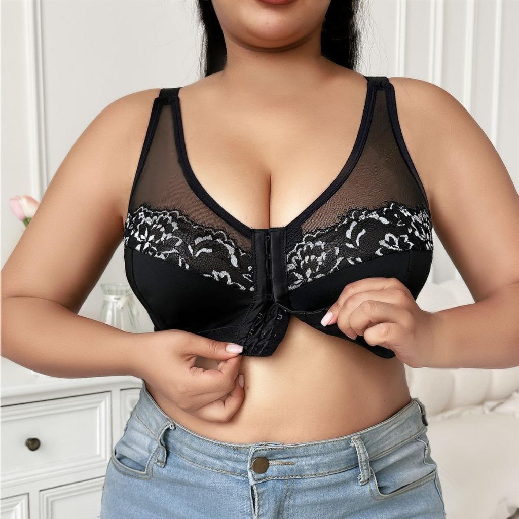 Thin Sexy Underwear Mesh Breast-control Sports Vest Embroidered Pattern Large Chest Small Bra