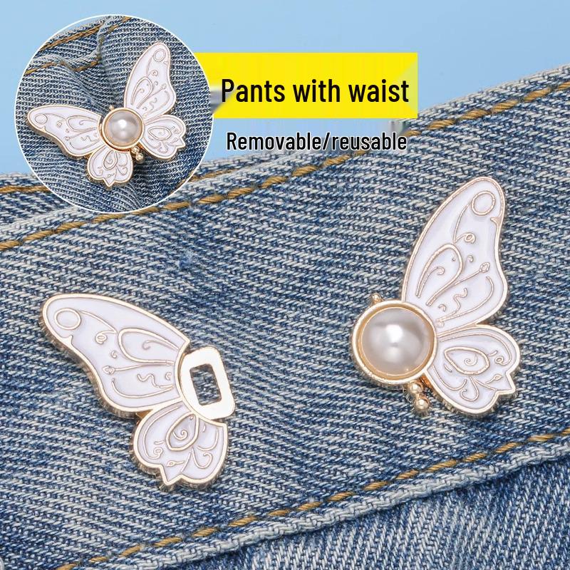 Butterfly Waist-Cinching No-Punch Jeans with Decorative Pearl Buttons