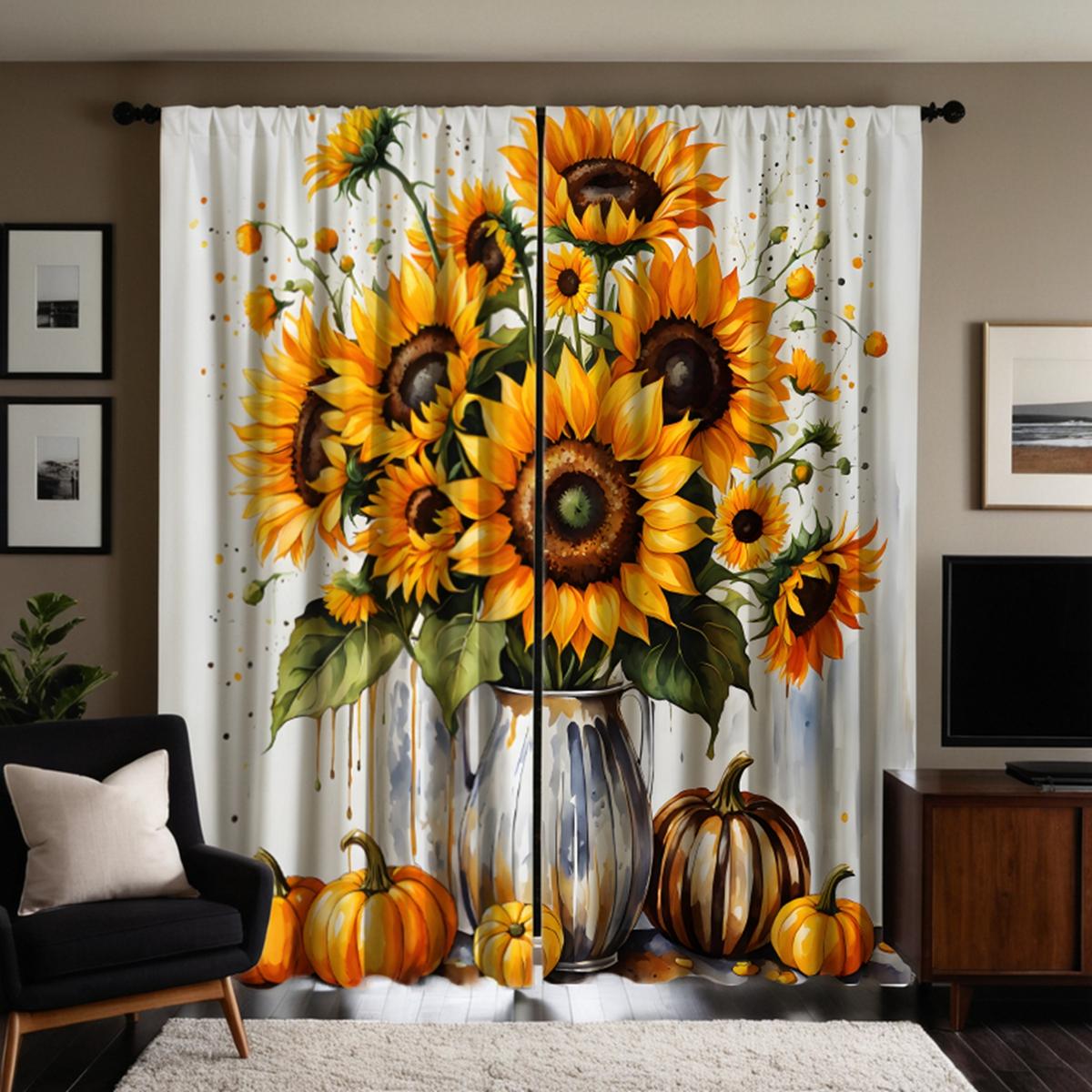 

2 шт. HD ваза на День Благодарения подсолнух тыква занавеска желтая завязка занавеска с цифровой печатью стиль домашнего декора украсить гостиную W52H63inchW132H160cm